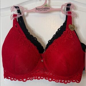 Juicy Couture Vibrant Red and Classic Black Lace Sexy Push Up Bra Duo 42D